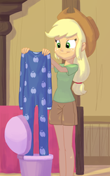 Size: 513x817 | Tagged: safe, artist:carnifex, applejack, equestria girls, g4, adorasexy, breasts, clothes, commission, confident, cowboy hat, cute, delicious flat chest, female, flatjack, footed sleeper, freckles, hat, jackabetes, onesie, pajamas, pants, pure unfiltered evil, sexy, shirt, smiling, solo, tomboy, trash can, varying degrees of want