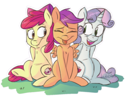 Size: 974x743 | Tagged: safe, artist:cosmic-pincel, apple bloom, scootaloo, sweetie belle, g4, cutie mark, cutie mark crusaders, sitting, the cmc's cutie marks