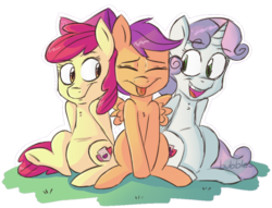 Size: 974x743 | Tagged: dead source, safe, artist:cosmic-pincel, apple bloom, scootaloo, sweetie belle, earth pony, pegasus, unicorn, g4, cutie mark, cutie mark crusaders, female, filly, foal, horn, sitting, the cmc's cutie marks, trio