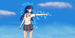 Size: 2193x1111 | Tagged: safe, artist:spacehunt, twilight sparkle, human, g4, a certain scientific railgun, anime, crossover, electricity, female, humanized, misaka mikoto, railgun, solo