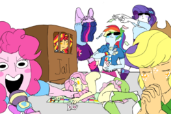 Size: 500x333 | Tagged: safe, artist:spicyalphys, applejack, fluttershy, pinkie pie, rainbow dash, rarity, sunset shimmer, twilight sparkle, human, equestria girls, g4, blush sticker, blushing, boots, cardboard prison, clothes, cowboy hat, draw the squad, eyes closed, hat, humane five, humane seven, humane six, jail, make it rain, money, monopoly, monopony, on side, praying, shirt, simple background, skirt, sleeveless, stetson, sunglasses, tank top, twilight sparkle (alicorn), wat, white background