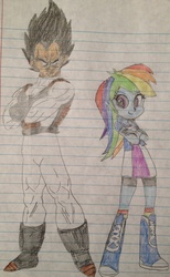 Size: 1974x3203 | Tagged: safe, artist:slayguy, rainbow dash, equestria girls, g4, crossed arms, crossover, dragon ball, dragon ball z, drawing, male, monochrome, vegeta