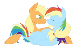 Size: 2894x1774 | Tagged: safe, artist:waterferret, applejack, rainbow dash, g4, cuddling, female, lesbian, prone, ship:appledash, shipping, simple background, snuggling, transparent background