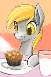 Size: 1001x1501 | Tagged: safe, artist:d-lowell, derpy hooves, pegasus, pony, g4, female, food, mare, milk, muffin, solo