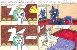 Size: 1024x667 | Tagged: safe, artist:eternaljonathan, princess celestia, princess luna, comic:a new twist, g4, belly, comic, pregnant, traditional art