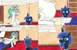 Size: 1024x665 | Tagged: safe, artist:eternaljonathan, princess celestia, princess luna, comic:a new twist, g4, belly, comic, pregnant, traditional art