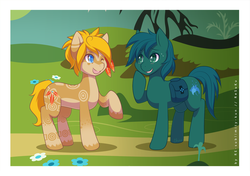 Size: 1200x843 | Tagged: safe, artist:re-sublimity-kun, oc, oc only, earth pony, pony, everfree forest, feather, saddle bag, tattoo