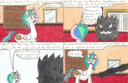 Size: 1024x662 | Tagged: safe, artist:eternaljonathan, princess celestia, comic:a new twist, g4, belly, comic, pregnant, shadow creature, traditional art