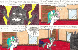 Size: 1023x662 | Tagged: safe, artist:eternaljonathan, princess celestia, comic:a new twist, g4, comic, overdue, pregnant, shadow creature, traditional art