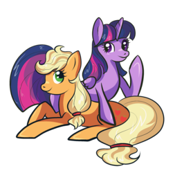 Size: 2000x2000 | Tagged: safe, artist:catnipfairy, applejack, twilight sparkle, alicorn, pony, g4, female, hatless, high res, mare, missing accessory, prone, simple background, transparent background, twilight sparkle (alicorn)