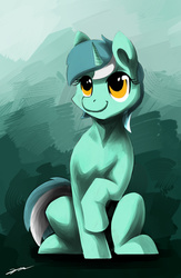 Size: 1300x2000 | Tagged: safe, artist:gasmaskfox, lyra heartstrings, pony, unicorn, g4, female, raised hoof, sitting, smiling, solo