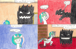 Size: 1024x662 | Tagged: safe, artist:eternaljonathan, princess celestia, alicorn, pony, comic:a new twist, g4, belly, comic, female, labor, mare, pregnant, shadow creature, traditional art, waterbreak