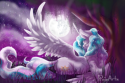 Size: 1470x974 | Tagged: safe, artist:pixieartz, princess celestia, g4, crepuscular rays, eyes closed, female, mare in the moon, moon, night, on side, solo, tree