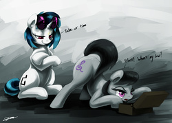 Size: 1400x1000 | Tagged: safe, artist:gasmaskfox, dj pon-3, octavia melody, vinyl scratch, earth pony, pony, unicorn, g4, ass up, dialogue, eyes on the prize, female, looking at butt, mare, open mouth, raised tail, reacting to nudity, smiling, sunglasses, tail