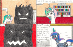 Size: 1024x664 | Tagged: safe, artist:eternaljonathan, princess celestia, princess luna, comic:a new twist, g4, comic, pregnant, shadow creature, traditional art