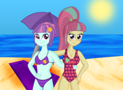 Size: 899x653 | Tagged: safe, artist:cyber-murph, sour sweet, sunny flare, equestria girls, g4, my little pony equestria girls: friendship games, beach, belly button, bikini, breasts, busty sour sweet, cleavage, clothes, cutie mark, female, hand on hip, swimsuit, towel, umbrella