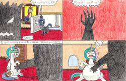 Size: 1024x662 | Tagged: safe, artist:eternaljonathan, princess celestia, princess luna, comic:a new twist, g4, belly, comic, pregnant, shadow creature, traditional art