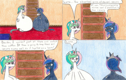 Size: 1024x654 | Tagged: safe, artist:eternaljonathan, princess celestia, princess luna, rubber pony, comic:a new twist, g4, belly, comic, huge belly, hyper, hyper pregnancy, impossibly large belly, inflation, pregnant, traditional art