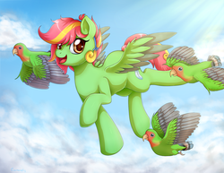 Size: 1900x1470 | Tagged: source needed, safe, artist:evomanaphy, oc, oc only, parrot, pegasus, pony, commission, flying, happy, sky, solo