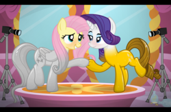 Size: 7100x4640 | Tagged: safe, artist:icaron, fluttershy, rarity, pegasus, pony, unicorn, g4, absurd resolution, bedroom eyes, blushing, camera, carousel boutique, female, gold, grin, inanimate object, inanimate tf, lesbian, letterboxing, objectification, petrification, potion, ship:flarity, shipping, show accurate, silver, smiling, statue, story included, transformation, willing transformation