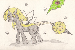 Size: 1024x685 | Tagged: safe, artist:eternaljonathan, derpy hooves, changeling, hybrid, g4, changelingified, species swap, traditional art, yellow changeling