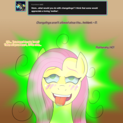 Size: 850x850 | Tagged: safe, artist:tdarkchylde, fluttershy, g4, ahegao, female, fluttershy's nursery, mind control, offscreen character, open mouth, solo, tongue out