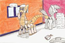 Size: 1024x679 | Tagged: safe, artist:eternaljonathan, hybrid, scorpion, dialogue, humor, ponified, traditional art