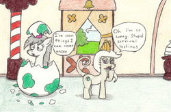 Size: 1024x672 | Tagged: safe, artist:eternaljonathan, hybrid, pony, egg, hatching, implied vore, ponified, super mario bros., traditional art, yoshi egg