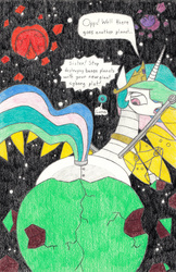 Size: 720x1110 | Tagged: safe, artist:eternaljonathan, princess celestia, princess luna, cyber pony, pony, robot, robot pony, g4, butt, comedy, giantess, giantlestia, humor, macro, plot, science fiction, traditional art