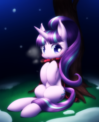 Size: 794x979 | Tagged: safe, artist:hashioaryut, starlight glimmer, pony, unicorn, g4, clothes, cold, cute, female, glimmerbetes, grass, looking at you, mare, pixiv, scarf, sitting, snow, snowfall, solo, tree, under the tree