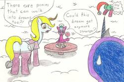 Size: 1024x674 | Tagged: safe, artist:eternaljonathan, princess luna, hybrid, pony, g4, butt, buttstuck, dream, dream walker, dream walker luna, female, mare, plot, ponified, stuck, traditional art