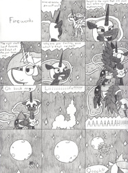 Size: 772x1035 | Tagged: safe, artist:eternaljonathan, nightmare moon, princess celestia, alicorn, pony, g4, black and white, comedy, comic, explosion, female, fireworks, grayscale, humor, mare, moon, traditional art, wide eyes