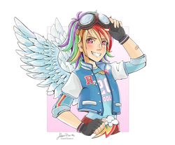 Size: 1024x849 | Tagged: dead source, safe, artist:viviennecorner, rainbow dash, human, g4, 20% cooler, bandaid, belt buckle, clothes, cutie mark, element of loyalty, female, fingerless gloves, gloves, goggles, grin, humanized, jacket, pin, simple background, solo, varsity jacket, white background, winged humanization