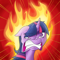 Size: 2500x2500 | Tagged: safe, artist:theimmolatedpoet, twilight sparkle, g4, angry, death stare, ears back, female, fire, fire head, frown, glare, grimace, gritted teeth, looking at you, mane of fire, mismatched eyes, on fire, rage, rapidash twilight, solo, vein, vein bulge