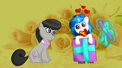 Size: 2560x1440 | Tagged: safe, artist:reziodesmonaro, dj pon-3, octavia melody, vinyl scratch, g4, female, gift giving, heart, lesbian, looking at each other, mouth hold, present, ship:scratchtavia, shipping, valentine's day