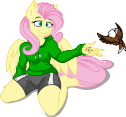 Size: 7453x6958 | Tagged: safe, artist:gray-gold, artist:joey darkmeat, fluttershy, bird, anthro, plantigrade anthro, g4, absurd resolution, barefoot, clothes, feet, female, hoodie, solo