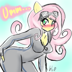 Size: 1000x1000 | Tagged: safe, artist:blup-chan, fluttershy, human, hurricane fluttershy, alternate hairstyle, blushing, bodysuit, butt touch, clothes, description at source, description is relevant, dialogue, eared humanization, female, fingerless gloves, gloves, goggles, hand on butt, hand on hip, humanized, pony coloring, solo, suit