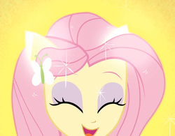 Size: 800x625 | Tagged: safe, screencap, fluttershy, human, equestria girls, g4, my little pony equestria girls: friendship games, cute, eyes closed, magic, open mouth, open smile, ponied up, shyabetes, smiling, sparkles, transformation