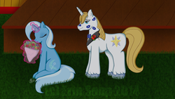Size: 1024x576 | Tagged: safe, artist:erinsoup, prince blueblood, trixie, pony, unicorn, g4, female, great and powerful kisses, kiss mark, lipstick, lipstick fetish, male, mare, ship:bluetrix, shipping, straight
