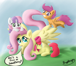 Size: 1500x1300 | Tagged: safe, artist:bugplayer, apple bloom, fluttershy, scootaloo, sweetie belle, earth pony, pegasus, pony, unicorn, g4, cutie mark crusaders, female, filly, fluttertree, hug, mare, tail bite