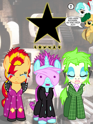 Size: 1200x1600 | Tagged: safe, artist:violetclm, cherry crash, drama letter, mystery mint, paisley, sunset shimmer, sweet leaf, watermelody, earth pony, pegasus, pony, unicorn, equestria girls, g4, aladdin sane, alternate hairstyle, background human, blackstar, clothes, crying, david bowie, equestria girls ponified, labyrinth, ponified, rest in peace, shimmer six, suit