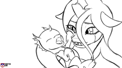 Size: 1920x1080 | Tagged: safe, artist:tsaritsaluna, queen chrysalis, changeling, changeling queen, nymph, g4, crying, cute, cutealis, cuteling, eyes closed, female, happy, mare, mommy chrissy, monochrome, mother and child, open mouth, sketch, smiling, squishy cheeks, tears of joy, yawn