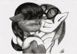 Size: 807x571 | Tagged: source needed, safe, artist:novich, dj pon-3, octavia melody, vinyl scratch, earth pony, pony, unicorn, g4, crying, duo, female, kiss on the lips, kissing, lesbian, mare, ship:scratchtavia, shipping, traditional art