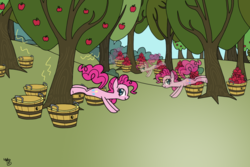 Size: 1024x683 | Tagged: safe, artist:galefeather, pinkie pie, g4, apple tree, applebucking, fanfic art, female, pinkie personalities, solo, tree