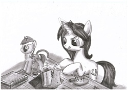 Size: 2685x1899 | Tagged: safe, artist:novich, lyra heartstrings, oc, pony, unicorn, g4, grayscale, monochrome, needle, needlewoman, plushie, pony plushie, seamstress, sewing, simple background, solo, traditional art, white background