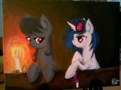 Size: 1005x749 | Tagged: safe, artist:novich, dj pon-3, octavia melody, vinyl scratch, g4, candle, canvas, female, lesbian, ship:scratchtavia, shipping, traditional art