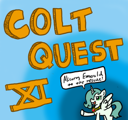 Size: 640x600 | Tagged: safe, artist:ficficponyfic, oc, oc only, oc:emerald jewel, alicorn, pony, colt quest, amulet, best princess, brave, child, colt, confident, femboy, foal, horn, logo, male, recap, trap, wings