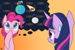 Size: 1024x683 | Tagged: safe, artist:galefeather, care package, nightmare moon, pinkie pie, princess celestia, princess luna, special delivery, twilight sparkle, g4, banishment, fanfic art, moon, pinkie personalities, sweat, thought bubble