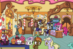 Size: 1024x683 | Tagged: safe, artist:galefeather, button mash, derpy hooves, dinky hooves, parcel post, pinkie pie, post haste, sweetie belle, pegasus, pony, g4, cupcake, fanfic art, female, food, mailpony, male, mare, pinkie personalities, stallion, sugarcube corner