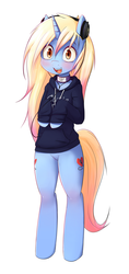 Size: 900x1900 | Tagged: safe, artist:hoodie, oc, oc only, oc:angelic grace, pony, unicorn, semi-anthro, bipedal, clothes, collar, cute, featureless crotch, female, headphones, hoodie, ocbetes, simple background, solo, white background